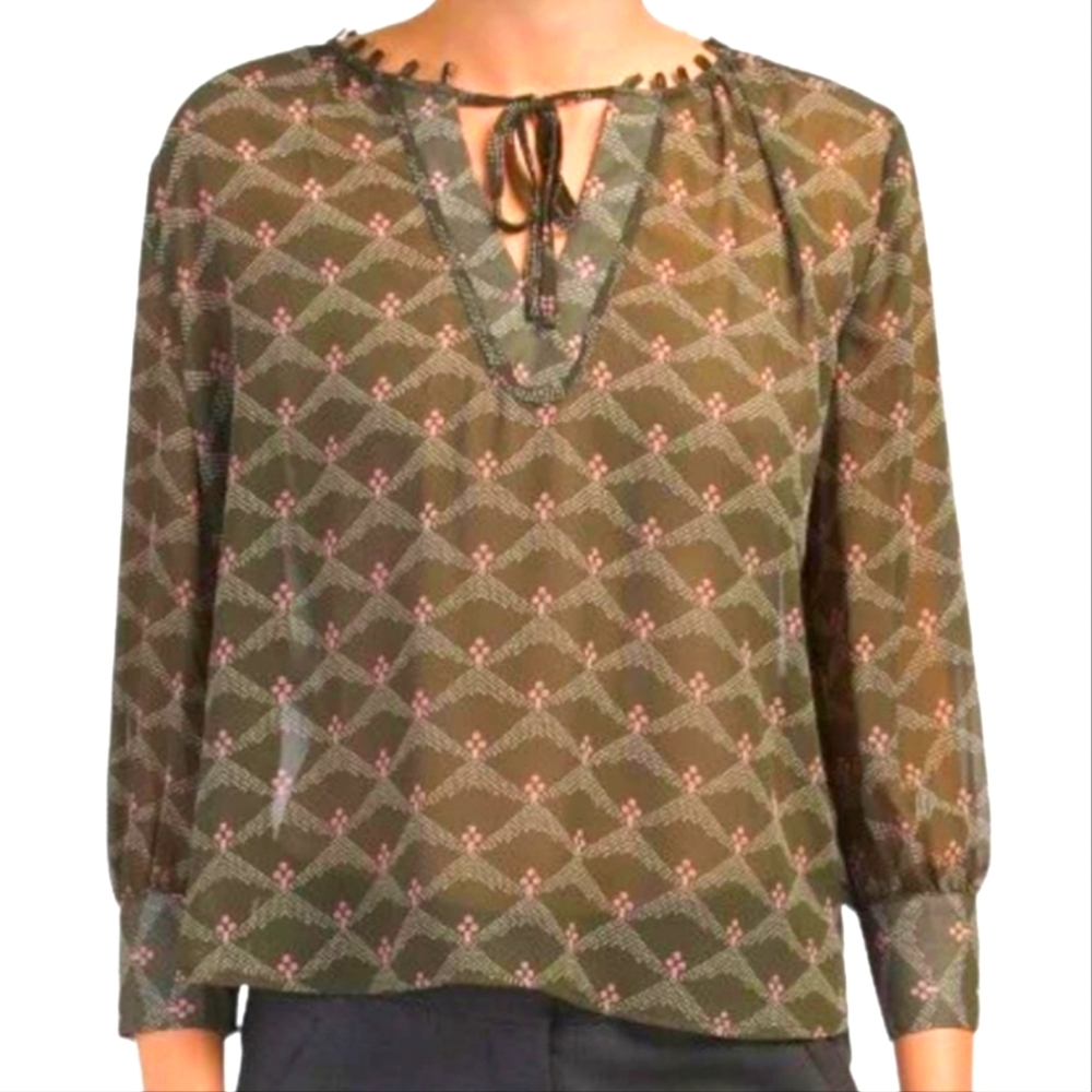 COLLECTIVE CONCEPTS Unique Boho Tie Front Peasant Top Olive Green Pink NWT